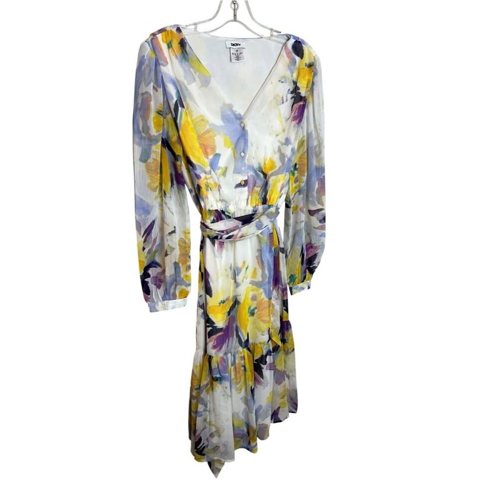 DKNY Floral Chiffon Midi Dress Belted Long Sleeve Watercolor Ruffle 6 Boho